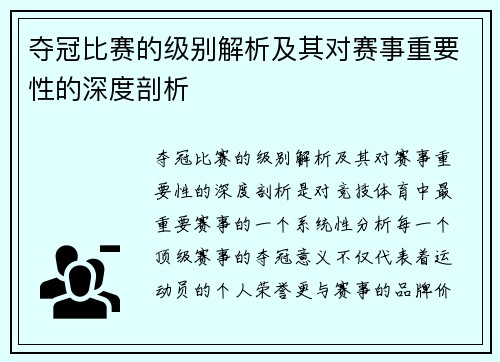 夺冠比赛的级别解析及其对赛事重要性的深度剖析 夺冠比赛的级别解析及其对赛事重要性的深度剖析
